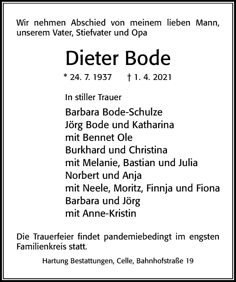 Traueranzeige für Dieter Bode vom 09.04.2021 aus Cellesche Zeitung