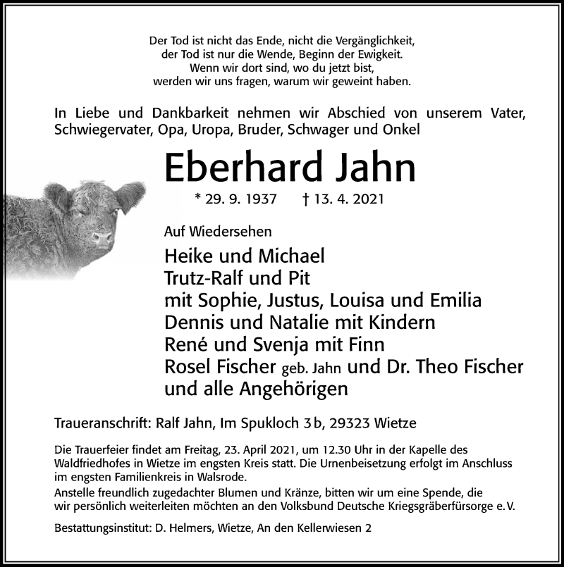  Traueranzeige für Eberhard Jahn vom 17.04.2021 aus Cellesche Zeitung