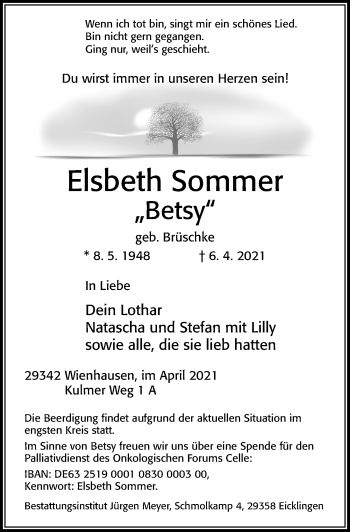 Traueranzeige von Elsbeth Sommer von Cellesche Zeitung