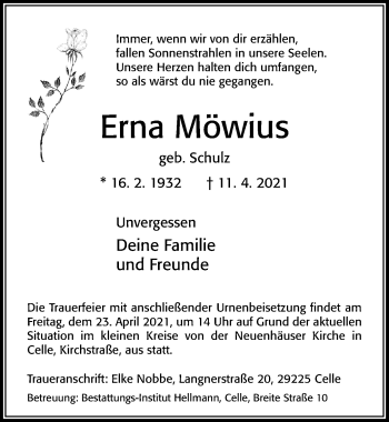 Traueranzeige von Erna Möwius von Cellesche Zeitung