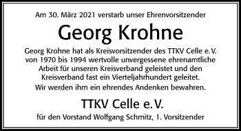 Traueranzeige von Georg Krohne von Cellesche Zeitung