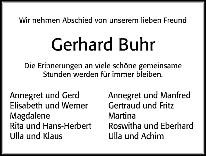  Traueranzeige für Gerhard Buhr vom 10.04.2021 aus Cellesche Zeitung