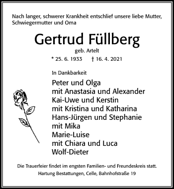 Traueranzeige von Gertrud Füllberg von Cellesche Zeitung