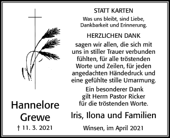 Traueranzeige von Hannelore Grewe von Cellesche Zeitung