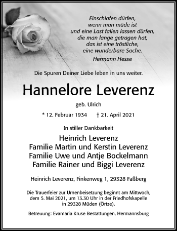 Traueranzeige von Hannelore Leverenz von Cellesche Zeitung