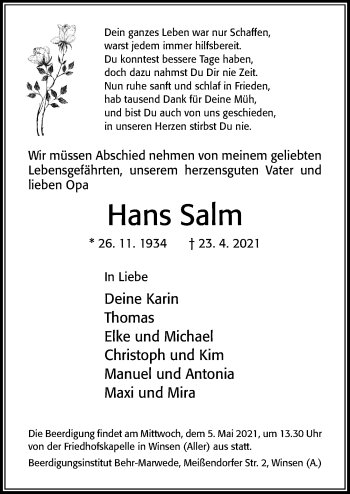 Traueranzeige von Hans Salm von Cellesche Zeitung