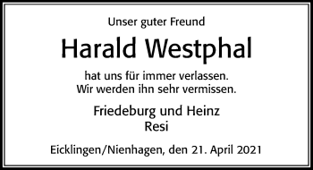 Traueranzeige von Harald Westphal von Cellesche Zeitung