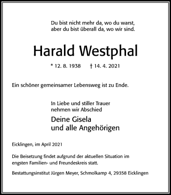 Traueranzeige von Harald Westphal von Cellesche Zeitung