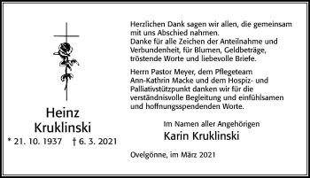 Traueranzeige von Heinz Kruklinski von Cellesche Zeitung