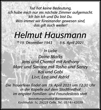 Traueranzeige von Helmut Hausmann von Cellesche Zeitung