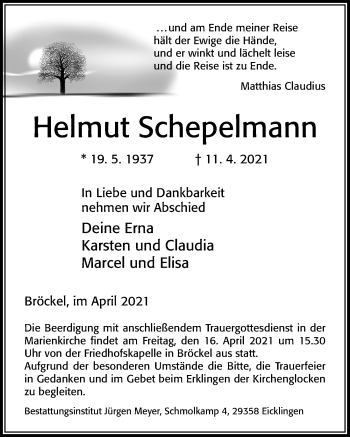 Traueranzeige von Helmut Schepelmann von Cellesche Zeitung