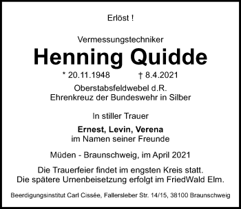 Traueranzeige von Henning Quidde von Cellesche Zeitung