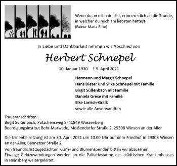 Traueranzeige von Herbert Schnepel von Cellesche Zeitung