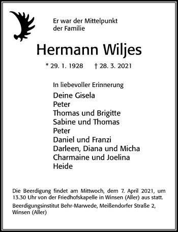 Traueranzeige von Hermann Wiljes von Cellesche Zeitung