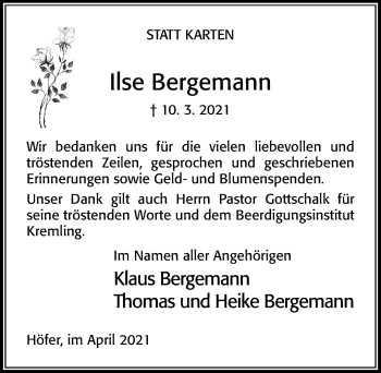 Traueranzeige von Ilse Bergemann von Cellesche Zeitung