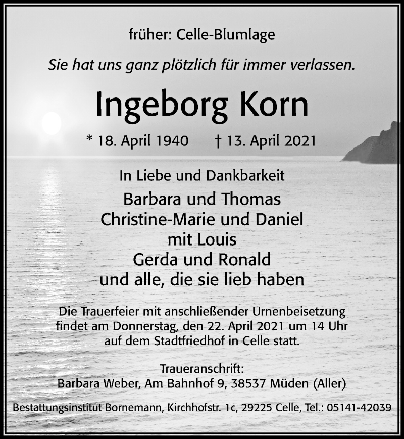  Traueranzeige für Ingeborg Korn vom 17.04.2021 aus Cellesche Zeitung