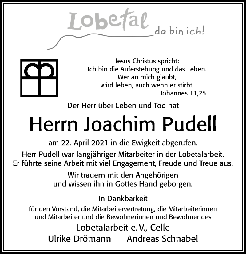  Traueranzeige für Joachim Pudell vom 29.04.2021 aus Cellesche Zeitung