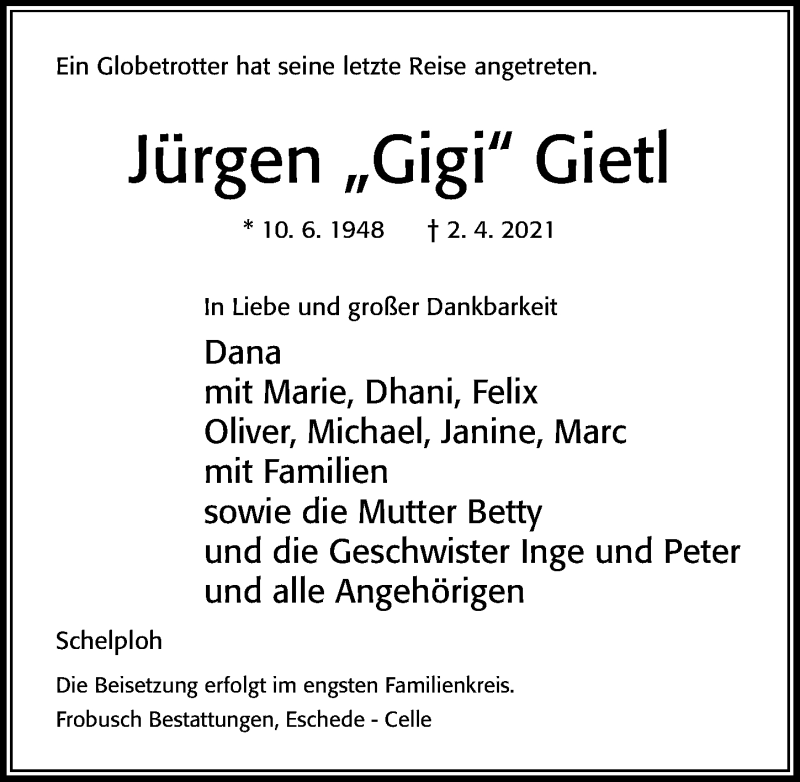  Traueranzeige für Jürgen Gietl vom 10.04.2021 aus Cellesche Zeitung