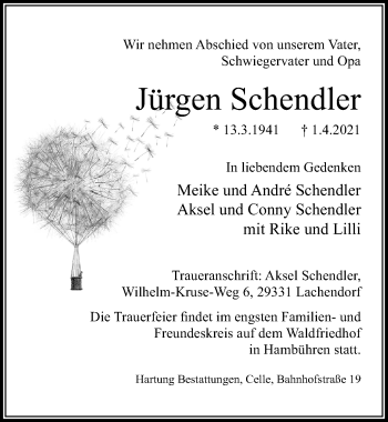 Traueranzeige von Jürgen Schendler von Cellesche Zeitung
