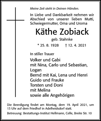 Traueranzeige von Käthe Zobiack von Cellesche Zeitung