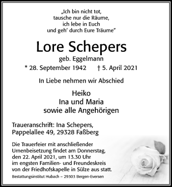 Traueranzeige von Lore Schepers von Cellesche Zeitung