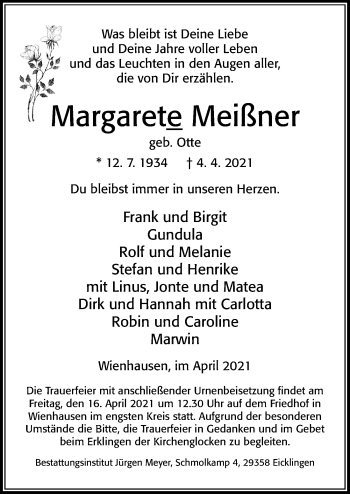 Traueranzeige von Margarete Meißner von Cellesche Zeitung