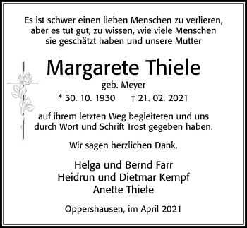 Traueranzeige von Margarete Thiele von Cellesche Zeitung