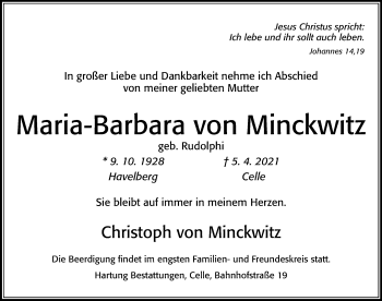 Traueranzeige von Maria-Barbara von Minckwitz von Cellesche Zeitung