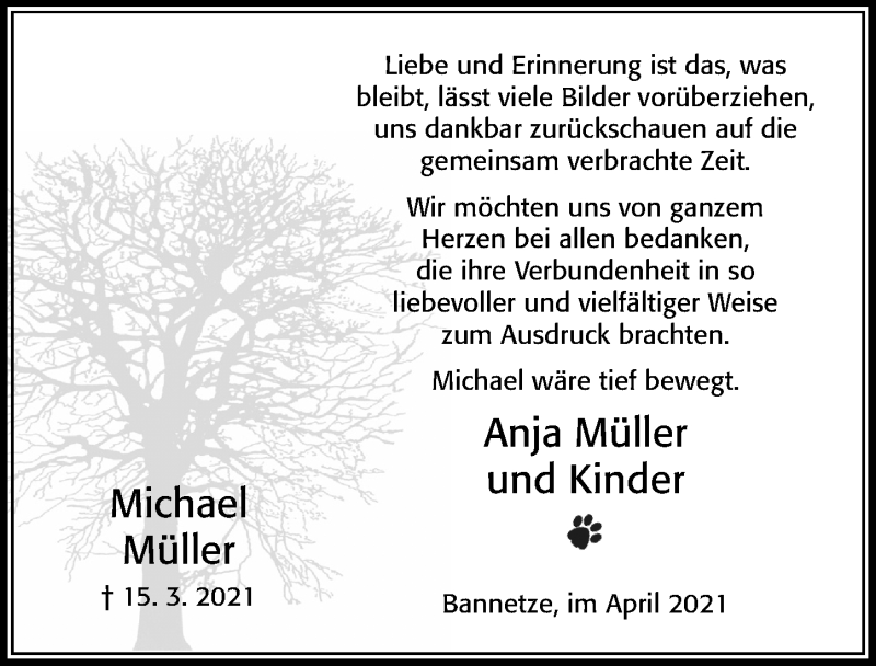  Traueranzeige für Michael Müller vom 23.04.2021 aus Cellesche Zeitung