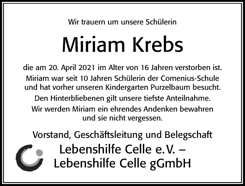  Traueranzeige für Miriam Krebs vom 27.04.2021 aus Cellesche Zeitung