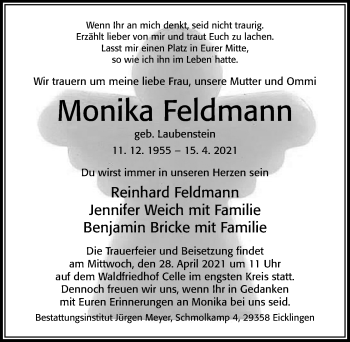 Traueranzeige von Monika Feldmann von Cellesche Zeitung