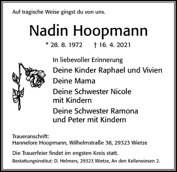 Traueranzeige von Nadin Hoopmann von Cellesche Zeitung