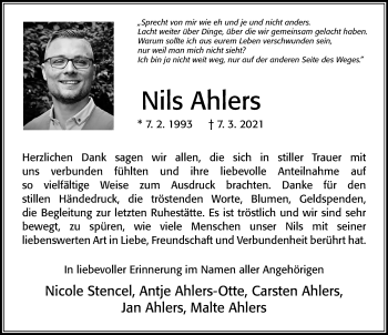 Traueranzeige von Nils Ahlers von Cellesche Zeitung