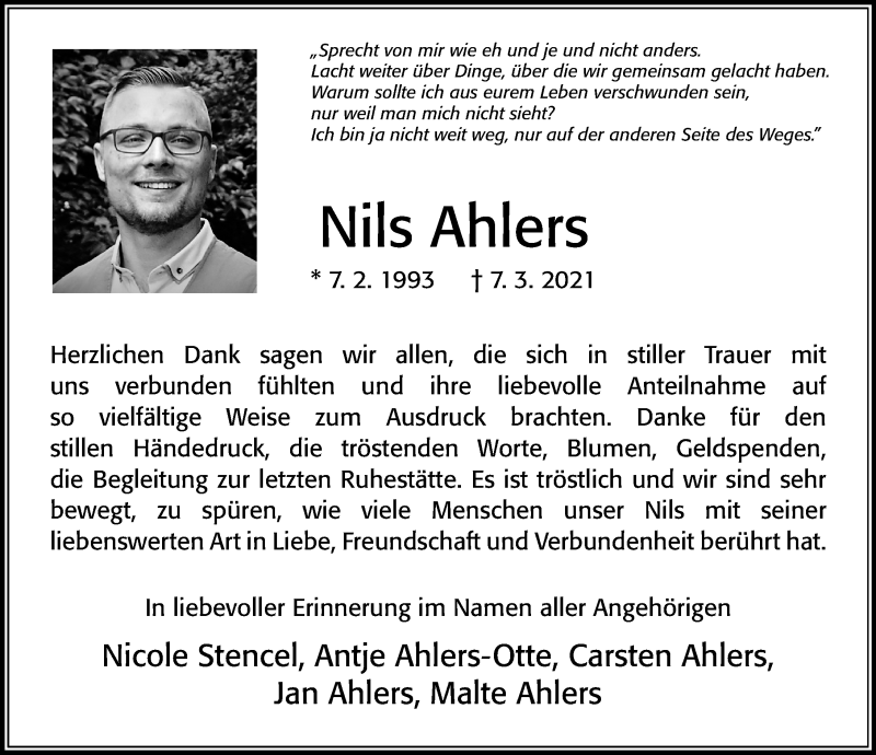  Traueranzeige für Nils Ahlers vom 17.04.2021 aus Cellesche Zeitung