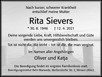 Traueranzeige von Rita Sievers von Cellesche Zeitung