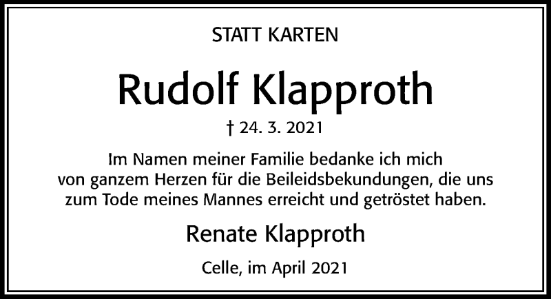  Traueranzeige für Rudolf Klapproth vom 24.04.2021 aus Cellesche Zeitung