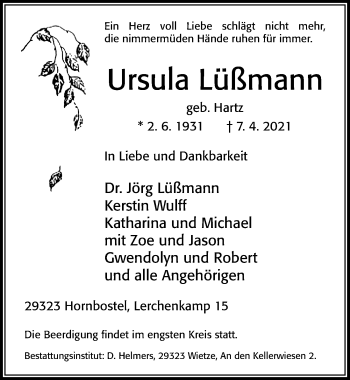 Traueranzeige von Ursula Lüßmann von Cellesche Zeitung
