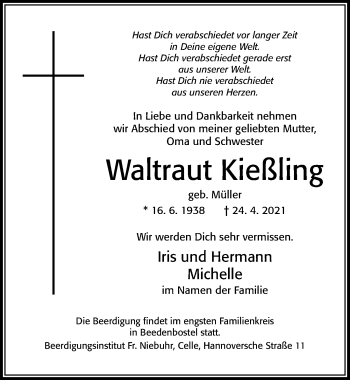 Traueranzeige von Waltraut Kießling von Cellesche Zeitung