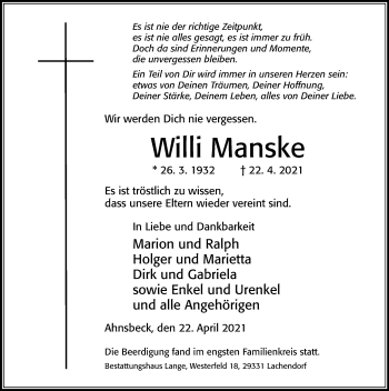 Traueranzeige von Willi Manske von Cellesche Zeitung