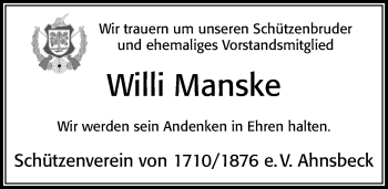 Traueranzeige von Willi Manske von Cellesche Zeitung