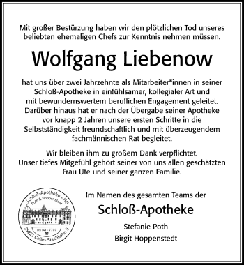 Traueranzeige von Wolfgang Liebenow von Cellesche Zeitung
