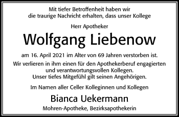 Traueranzeige von Wolfgang Liebenow von Cellesche Zeitung