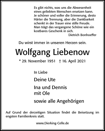Traueranzeige von Wolfgang Liebenow von Cellesche Zeitung
