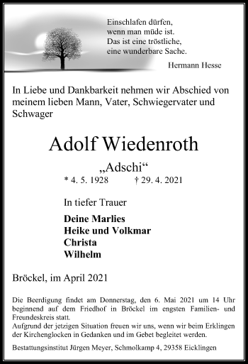 Traueranzeige von Adolf Wiedenroth von Cellesche Zeitung