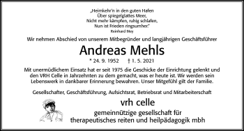 Traueranzeige von Andreas Mehls von Cellesche Zeitung