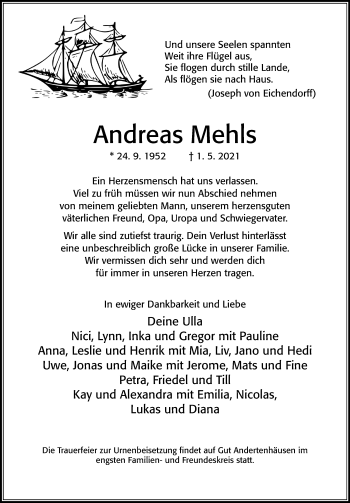 Traueranzeige von Andreas Mehls von Cellesche Zeitung
