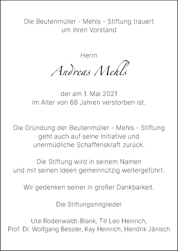Traueranzeige von Andreas Mehls von Cellesche Zeitung