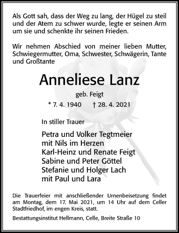 Traueranzeige von Anneliese Lanz von Cellesche Zeitung