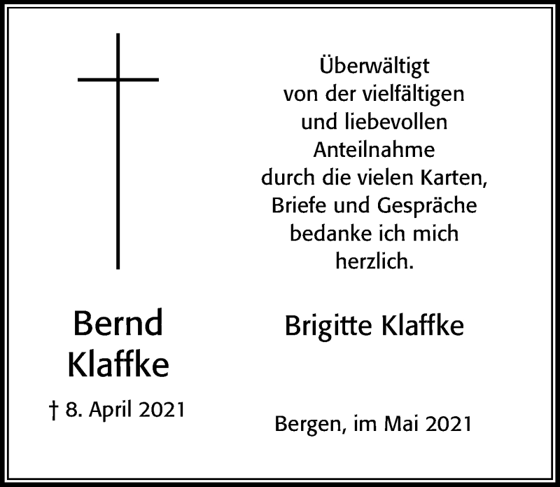  Traueranzeige für Bernd Klaffke vom 08.05.2021 aus Cellesche Zeitung