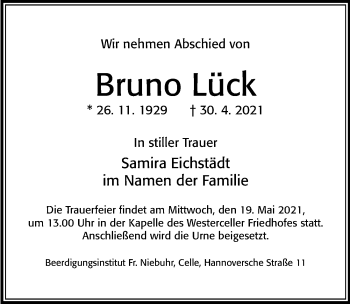 Traueranzeige von Bruno Lück von Cellesche Zeitung